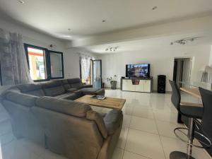 a living room with a couch and a table at Magnifique villa avec espaces extérieurs in Saint-André