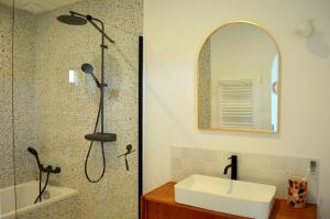 a bathroom with a shower and a sink and a mirror at Domaine de Kerhastel in Plonéour-Lanvern +24 photos