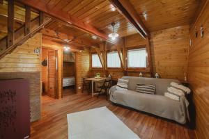 una sala de estar con sofá en una cabaña de madera en Matilde's Chalet Etna Nature House, en Nicolosi