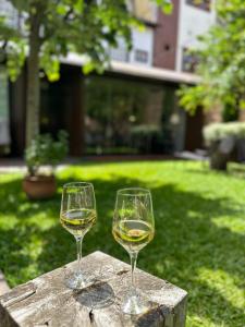 two glasses of white wine sitting on a table at Casa do Juncal in Guimarães