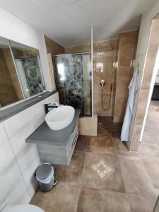 Un baño con lavabo y ducha en FeWo Banter Eck Mini Loft, en Wilhelmshaven
