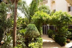un jardin avec des arbres et des plantes devant un bâtiment dans l'établissement Residence Diane, à Ouagadougou