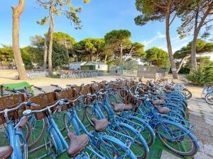 eine Reihe blauer Fahrräder in einer Reihe in der Unterkunft Mobilhome 4 étoiles - Parc aquatique - eeia0f in Le Bois-Plage-en-Ré