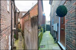 two pictures of an alley between two buildings at The Nook, Cosy 1BR in Blandford, Dorset in Blandford Forum
