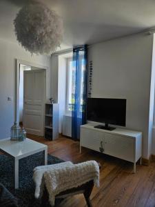 sala de estar con TV y sofá en Le cocon de la Pare- Superbe T3 plein centre, en Barcelonnette