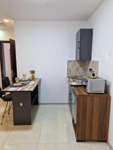 uma pequena cozinha com um balcão e um micro-ondas em New House Kobuleti 2 em Kobuleti