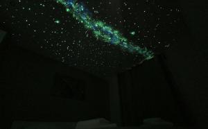 a starry ceiling with green and blue stars on it at Ferienhäuser im Sternenpark in Lochow