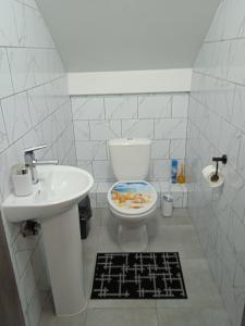 a white bathroom with a toilet and a sink at У Софії in Volovets +9 photos