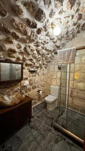 a stone bathroom with a shower and a toilet at Seyr-i asur in Midyat +39 photos