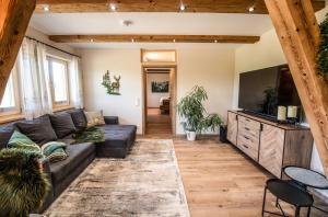 a living room with a couch and a flat screen tv at Chalet Waldzeit in Zachenberg