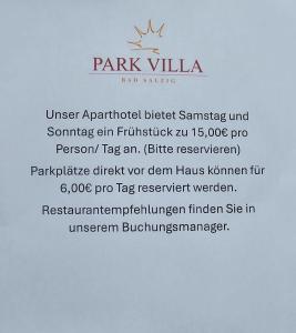 a receipt for the park villa resort and spa at PARK VILLA zentral am Mittelrhein in Boppard