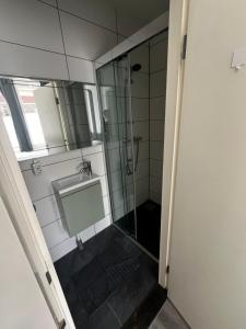 a bathroom with a shower with a sink and a mirror at Poelgeeststraat in Leiden +10 photos