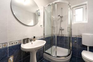 a bathroom with a shower and a sink and a mirror at Blue Apartment in Vrsar +30 photos
