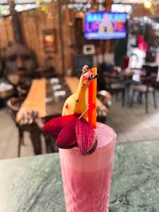 a pink drink with a toy banana on top of it at Divina Hostel in Tirana