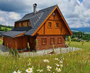 a wooden house with a black roof on a field of flowers at Holiday home in Jilove u Drzkova 1736 in Jílové u Držkova