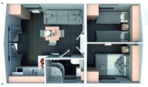 3 różne widoki na mały pokój z sypialnią w obiekcie Tiny Haus 5 w mieście Nabburg