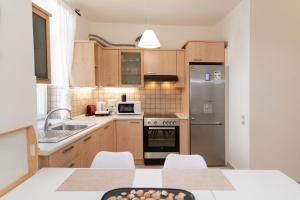 Una cocina con gabinetes de madera y un refrigerador de acero inoxidable. en Belle Epoque Tinos, en Tinos