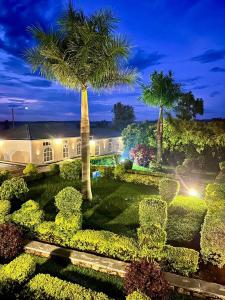 a garden with a palm tree and a building at Eastern Country Hotel in Kayonza