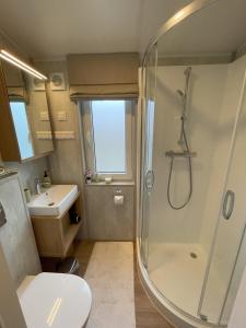 a bathroom with a shower and a toilet and a sink at Tiny Haus 16 in Nabburg