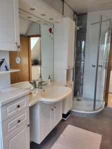 a white bathroom with a sink and a shower at Ferienwohnung am Allerbogen in Neu Wietze +14 photos