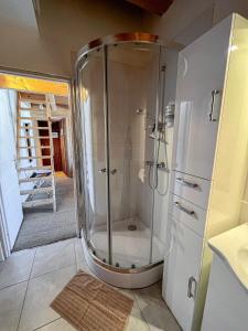 a shower with a glass door in a bathroom at Le Saint Jo - La Féclaz in Les Déserts