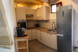 a kitchen with a refrigerator and a sink at Vrysses Lodge Michael Stelianos in Vryses