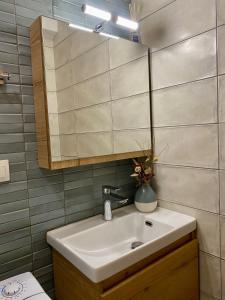 a bathroom with a sink and a mirror at Casa Akrolithos in Keramotí