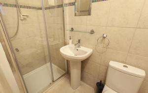 a bathroom with a shower and a sink and a toilet at Lorna Doone Cottage, Lynmouth in Lynmouth +19 photos