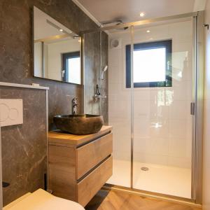 een badkamer met een wastafel en een douche bij Pool Lodge - Vakantiepark de Thijmse Berg in Rhenen