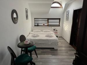 1 dormitorio con 1 cama, mesa y sillas en Pensiunea Belvedere Murighiol en Murighiol