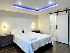 鲁兹Getaway Private Suite C的卧室里有一张床，天花板是蓝色的