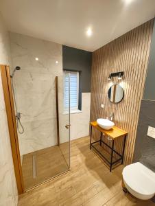 a bathroom with a shower and a sink and a toilet at Apartament Szum in Susiec