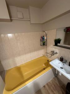 Marijas ielas apartamenti في فالميرا: حمام مع حوض اصفر ومغسلة