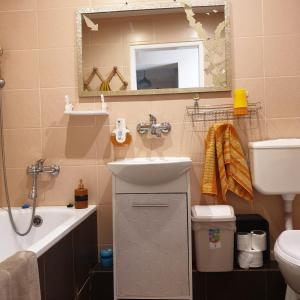 a bathroom with a sink and a toilet and a mirror at Zacisze in Białystok