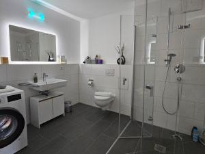 W łazience znajduje się toaleta z prysznicem i umywalka. w obiekcie HIGH CLASS - Design Apartment - Favorite Place - Full Equipment - Public Transport w Norymberdze