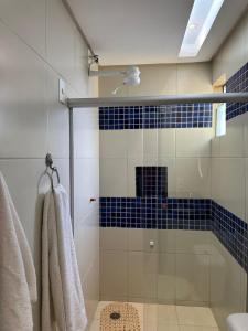 a bathroom with a shower with blue and white tiles at Apartamento Cond Leão Dourado 01 in Caruaru +11 photos
