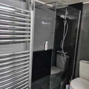Magnifique appartement- Brussels expo Laeken في بروكسل: حمام صغير مع مرحاض ومرآة