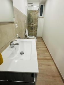 un bagno con un lavandino bianco e un water di la casetta di Max a Roma