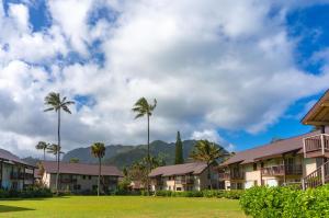 a row of palm trees in front of houses at Hanalei Colony Resort C2 in Hanalei