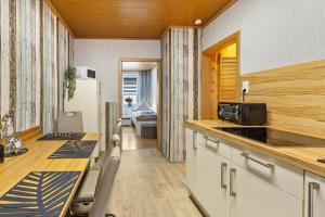 a kitchen with a counter top and a refrigerator at Christels Ferienwohnung 2 in Thale mit überdachter Terrasse, Küche mit TV & Geschirrspüler in Thale