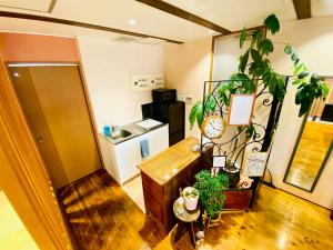 廣島的住宿－villa garden DaiDai，一间设有厨房和一个植物桌子的房间