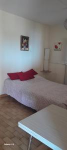 a bedroom with a bed with red pillows and a table at F3 RDC villa vue mer 180 face à la pointe de Giens in Carqueiranne