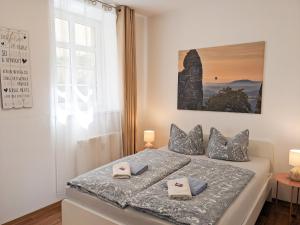 a bedroom with a bed with two pillows on it at HW1B - Urlaubsmagie Gemeinschaftsgarten mit Pool, Sauna & Terrasse in Sebnitz +82 photos