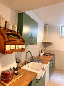 a kitchen with a sink and green cabinets at Gite Bulle Appart' 1 in Épernay