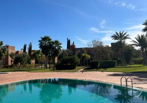 uma piscina num parque com palmeiras em Riad Tamazgha em Marrakech