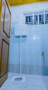 bagno con piastrelle blu e servizi igienici. di Winnie's Cozy Home a Iringa