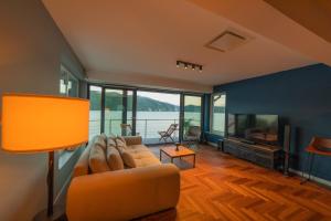 a living room with a couch and a television at CASA 9 - villa & spa in Eşelniţa