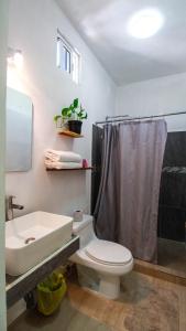 ein Bad mit einem Waschbecken, einem WC und einer Dusche in der Unterkunft Hotel Vias Maya Bacalar in Bacalar