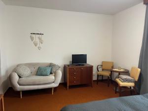 sala de estar con sofá, TV y silla en Simply rooms en Slavkov u Brna