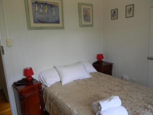 um quarto com uma cama com duas mesas de cabeceira e dois candeeiros em Glenellen Bed and Breakfast em Toowoomba